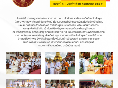 วันเสาร์ที่ ๔ กรกฎาคม ๒๕๖๙ เวลา ๐๖.๐๐ น. สำนักตรวจเงินแผ่นดินจังหวัดลำพูน โดยนางสาวจุฬาลักษณ์ อินทรพัฒน์ ผู้อำนวยการสำนักตรวจเงินแผ่นดินจังหวัดลำพูน มอบหมายให้นางสาววิกาญดา วงศ์ขัติ ผู้อำนวยการกลุ่ม พร้อมด้วยข้าราชการและลูกจ้างในสังกัด เข้าร่วมพิธีเจริญพระพุทธมนต์และทำบุญตักบาตร และพิธีลงนามถวายพระพรชัยมงคล เนื่องในวันคล้ายวันประสูติ ๔ กรกฎาคม ๒๕๖๙ สมเด็จพระเจ้าน้องนางเธอ เจ้าฟ้าจุฬาภรณวลัยลักษณ์ อัครราชกุมารี กรมพระศรีสวางควัฒน วรขัตติยราชนารี