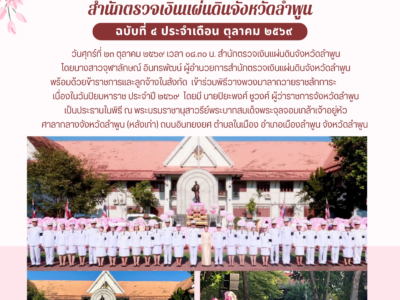 วันศุกร์ที่ ๒๓ ตุลาคม ๒๕๖๙ เวลา ๐๘.๓๐ น. สำนักตรวจเงินแผ่นดินจังหวัดลำพูน โดยนางสาวจุฬาลักษณ์ อินทรพัฒน์ ผู้อำนวยการสำนักตรวจเงินแผ่นดินจังหวัดลำพูน พร้อมด้วยข้าราชการและลูกจ้างในสังกัด เข้าร่วมพิธีวางพวงมาลาถวายราชสักการะเนื่องในวันปิยมหาราช ประจำปี ๒๕๖๙